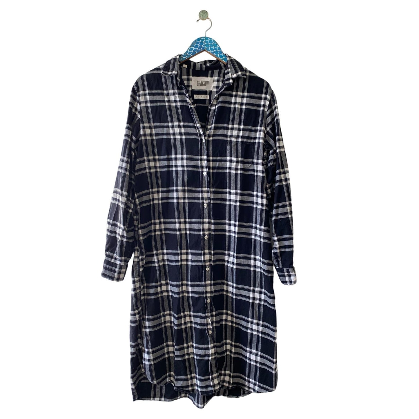 GRAYSON Black and White Cotton Flannel Long Sleeve Midi Shirt Dress