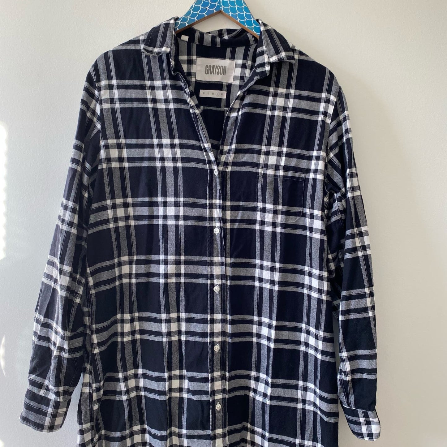 GRAYSON Black and White Cotton Flannel Long Sleeve Midi Shirt Dress