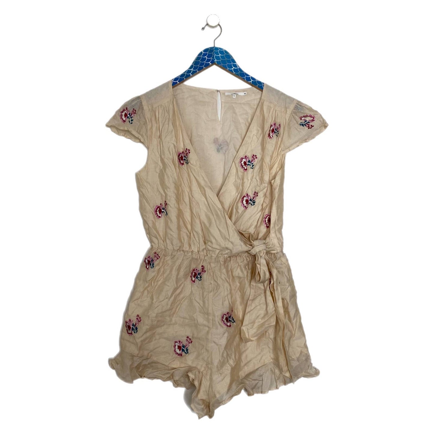 TULAROSA Ashby Floral Embroidered Faux Wrap Romper in Shell Size Small