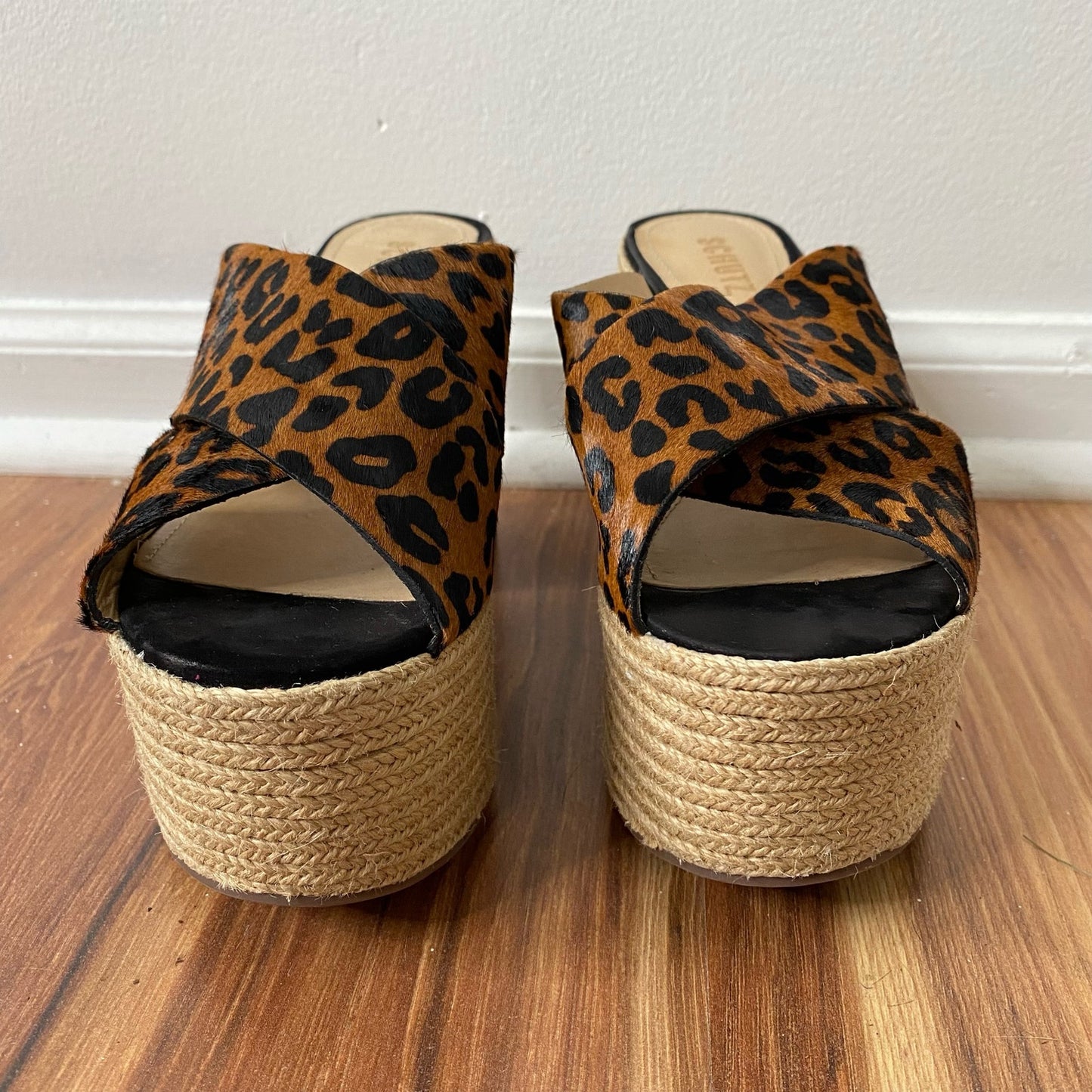 SCHUTZ Lora Wedge Platform Slide Sandals Sandstone Leopard Size 7.5